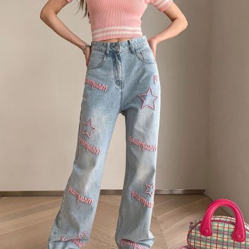 Jeans #2023 Spring and Summer New Style Sweet and Cool Pink Letter Embroidery Versatile Slim Straight Jeans