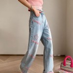 Jeans #2023 Spring and Summer New Style Sweet and Cool Pink Letter Embroidery Versatile Slim Straight Jeans