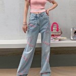 Jeans #2023 Spring and Summer New Style Sweet and Cool Pink Letter Embroidery Versatile Slim Straight Jeans