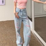 Jeans #2023 Spring and Summer New Style Sweet and Cool Pink Letter Embroidery Versatile Slim Straight Jeans