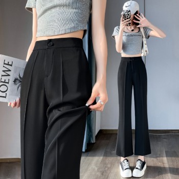 Black ice silk suit micro-flared pants for women 2023 summer new style simple high-waist slim drape nine-point wide-leg pants