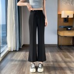 Black ice silk suit micro-flared pants for women 2023 summer new style simple high-waist slim drape nine-point wide-leg pants