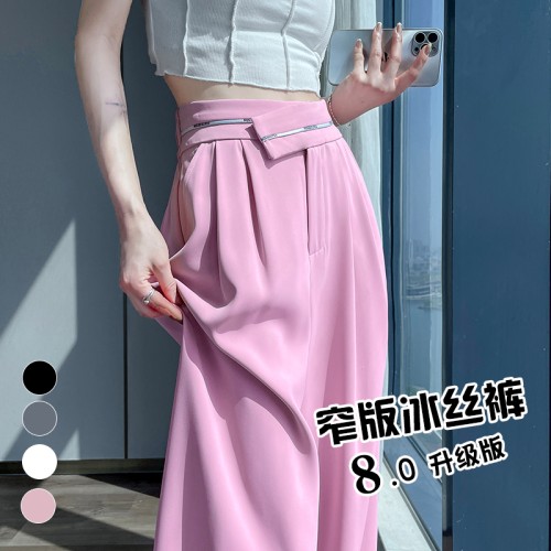 Spot 2023 Summer Ice Silk Suit Pants Thin Velcro Straight Floor-Mopping High Waist Narrow Casual Wide Leg Pants for Women