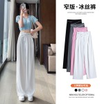 Spot 2023 Summer Ice Silk Suit Pants Thin Velcro Straight Floor-Mopping High Waist Narrow Casual Wide Leg Pants for Women