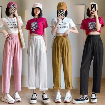 Ice silk narrow wide leg pants for women summer thin 2023 new loose nine-point pants high waist cigarette overalls