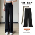 Spot 2023 new summer ice silk suit pants high-waisted narrow version straight casual wide-leg pants micro-flared floor-length pants for women