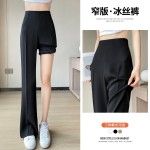 Spot 2023 new summer ice silk suit pants high-waisted narrow version straight casual wide-leg pants micro-flared floor-length pants for women