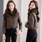 Retro velvet warm short leather jacket for women winter new small versatile motorcycle leather jacket fox fur