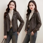 Brown velvet thickened leather jacket for women 2023 winter new small quarter motorcycle short top jacket