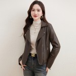 Brown velvet thickened leather jacket for women 2023 winter new small quarter motorcycle short top jacket