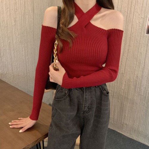 Halter neck top for women 2024 spring and autumn new style one-line collar cross scheming off-shoulder sexy hollow knitted bottoming shirt trendy