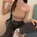 Halter neck top for women 2024 spring and autumn new style one-line collar cross scheming off-shoulder sexy hollow knitted bottoming shirt trendy