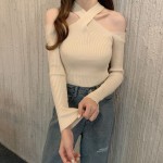 Halter neck top for women 2024 spring and autumn new style one-line collar cross scheming off-shoulder sexy hollow knitted bottoming shirt trendy