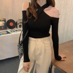 Halter neck top for women 2024 spring and autumn new style one-line collar cross scheming off-shoulder sexy hollow knitted bottoming shirt trendy