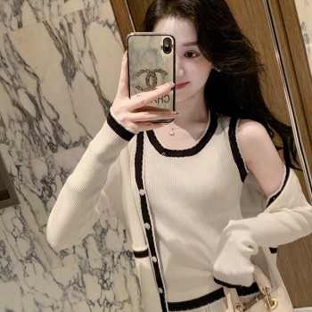 2024 new fashionable style, western style, contrasting color knitted cardigan two-piece set for women's spring tops