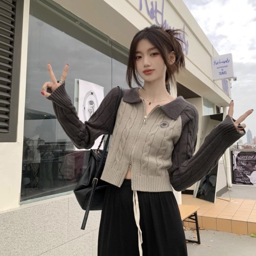 Retro contrast color design knitted sweater for women, spring and autumn short style bottoming shirt, double zipper sweater, cardigan top, trendy