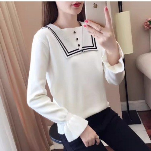 Doll collar sweater women's loose spring and autumn new fashion ruffle sleeve knitted top white bottoming shirt western style