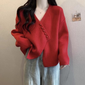 Purple-breasted diagonal button sweater women's autumn and winter thick fleece sweater top slim sweater cardigan jacket